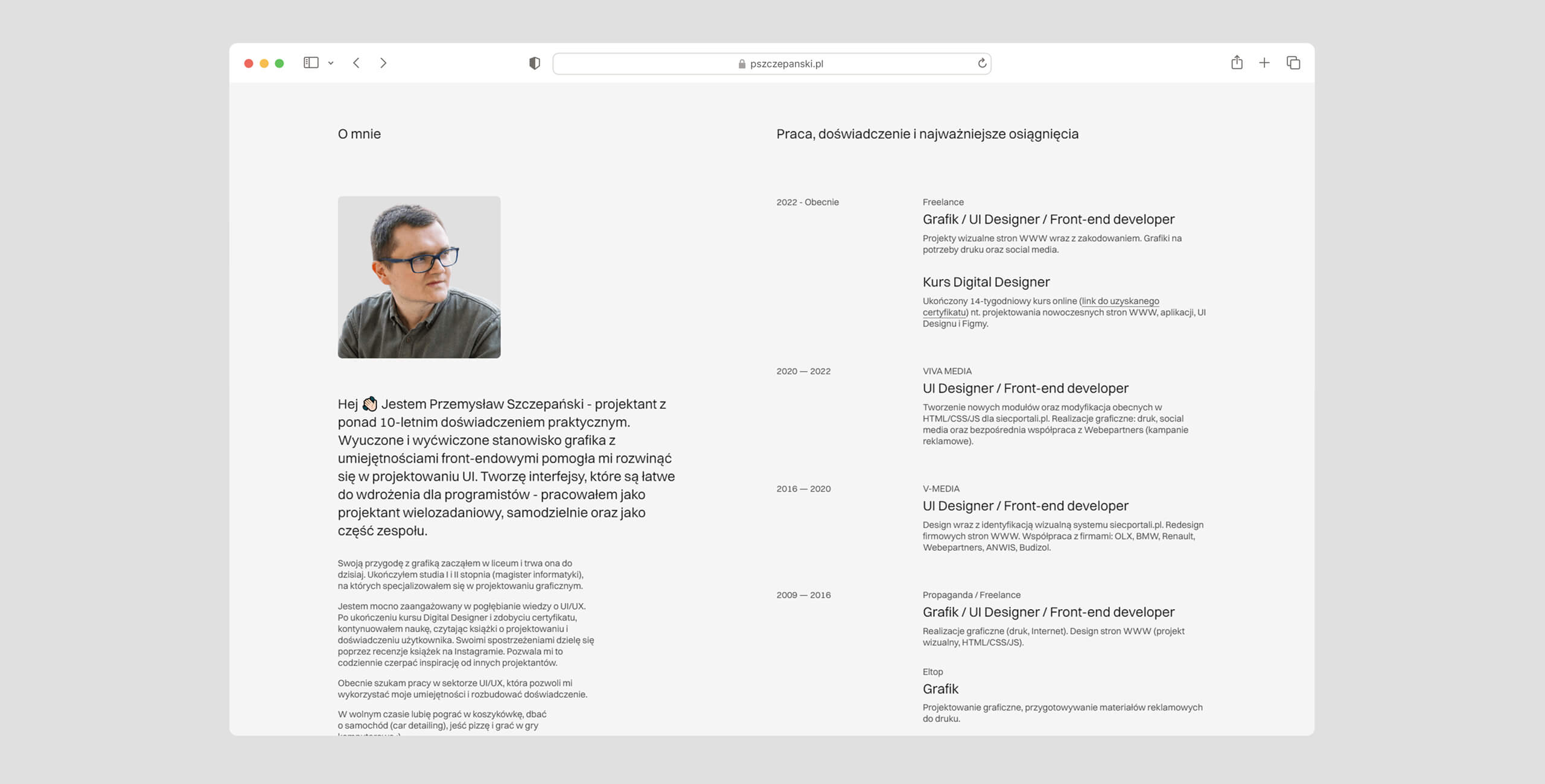 Obrazek z sekcją O mnie wraz z przebiegiem kariery